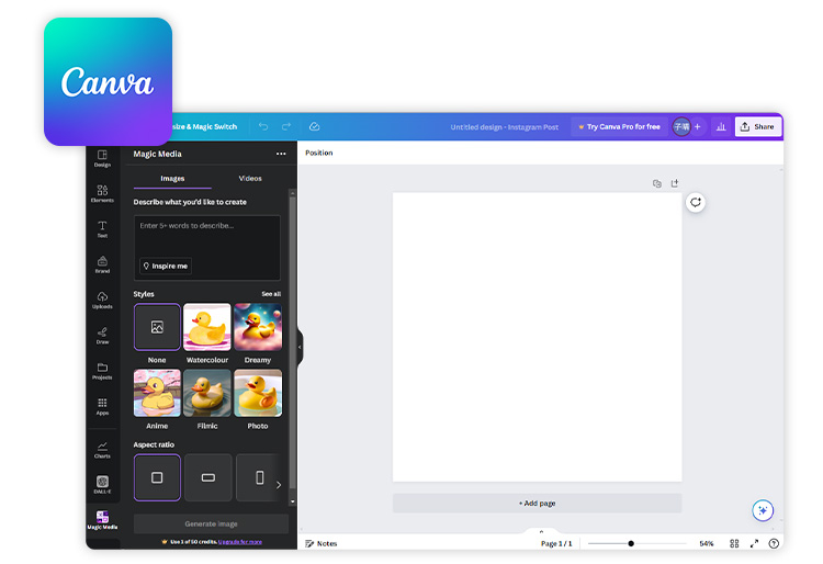 text to image UI of Canva to generate album cover